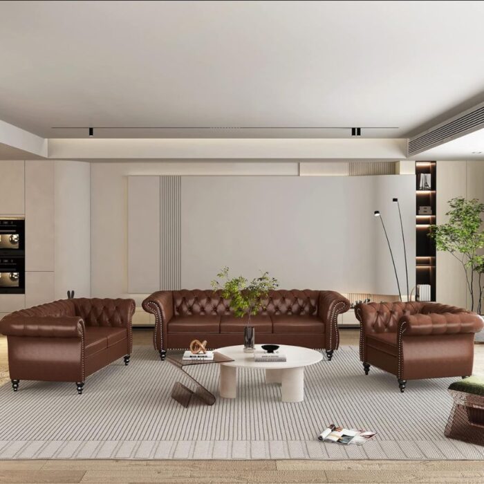 Furnshine - Vere 3 Pieces Faux Leather Chesterfield Sofa with Loveseat & Couch Chair - Image 15