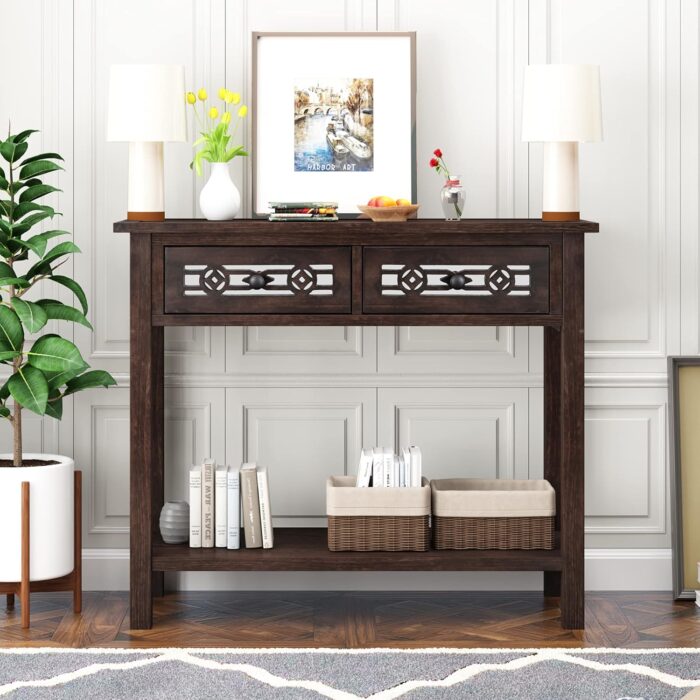 Furnshine - Hobson Vintage Style Wood Console Table with 2 Drawers & Bottom Shelf - Image 16