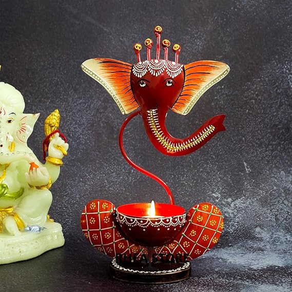 81ir01VgyL._SX569_.jpg Furn Shine Ganesha Tea Light Candle Holder for Home Decor | Diya Diwali Light Centerpiece for Wedding, Party, Table - Red - Image 1
