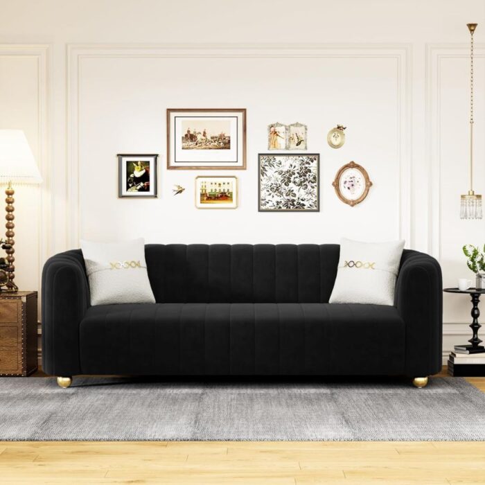 Furnshine - Patsy 83.46" Mid-Century 3-Seater Velvet Sofa with Gold Metal Sphere Legs - Image 13