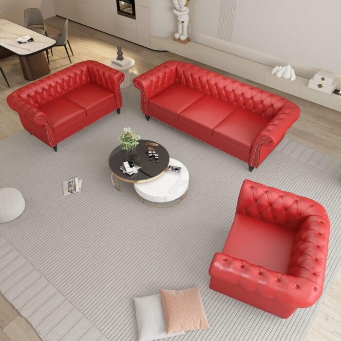 Furnshine - Vere 3 Pieces Faux Leather Chesterfield Sofa with Loveseat & Couch Chair - Image 3