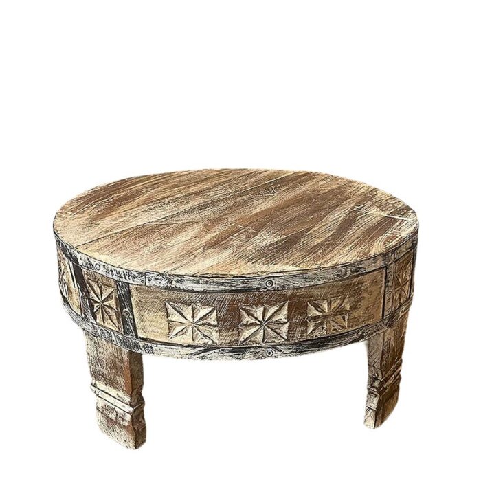 Furnshine - Quiller Boho Chakki Table | Hand-Carved Round Wooden Coffee Table – Rustic Vintage Centerpiece for Living Room Décor - Image 1
