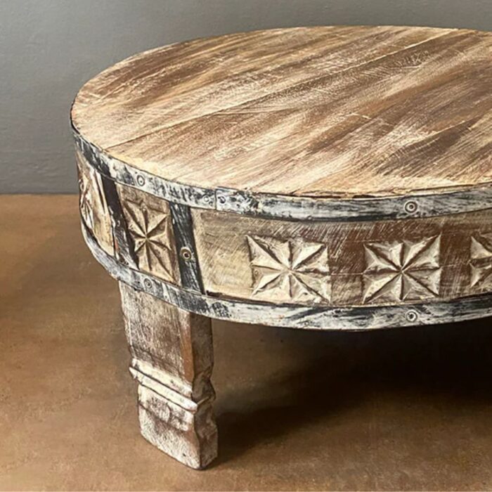 Furnshine - Quiller Boho Chakki Table | Hand-Carved Round Wooden Coffee Table – Rustic Vintage Centerpiece for Living Room Décor - Image 2