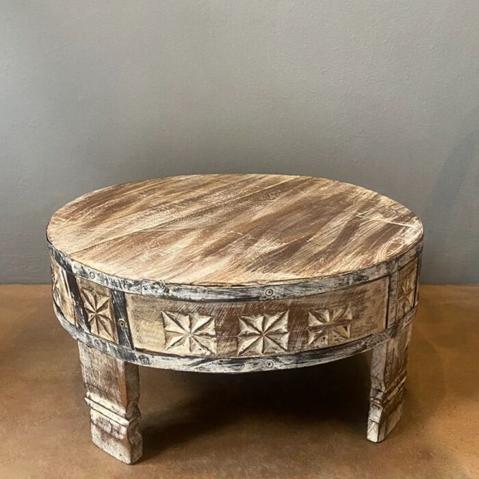 Furnshine - Quiller Boho Chakki Table | Hand-Carved Round Wooden Coffee Table – Rustic Vintage Centerpiece for Living Room Décor - Image 4