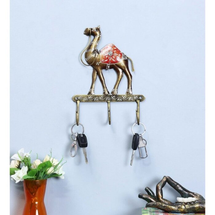 Furn Shine Multi Color Iron Painted Rajasthani Camel 3 Key Holder Decorative Showpiece - (Iron, Multicolor) - Image 1