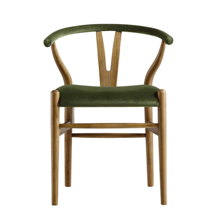 Furnshine - Marilyn Moss Green Velvet and Light Walnut Frame Wishbone Padded Dining Chair - Image 3