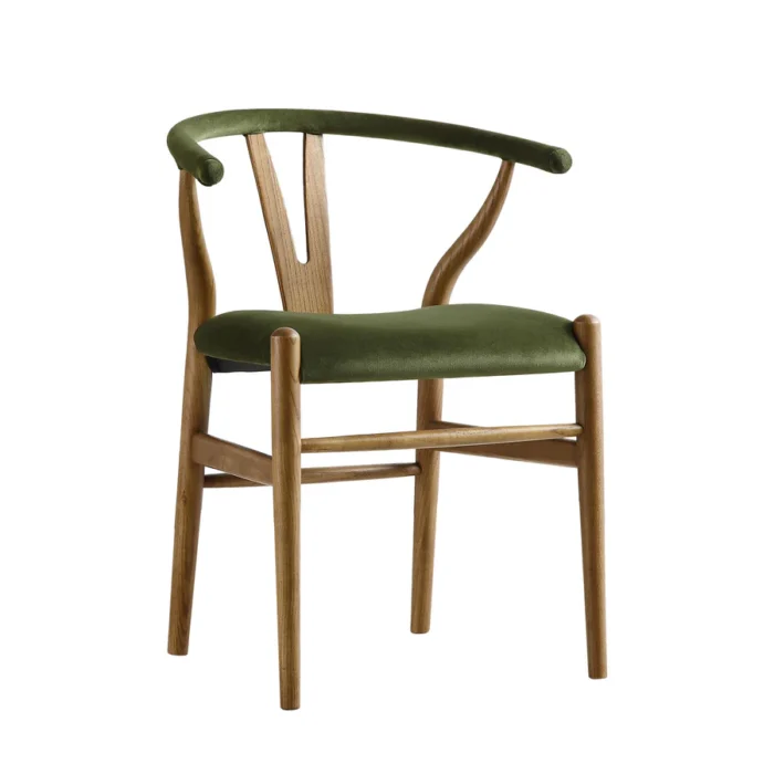 Furnshine - Marilyn Moss Green Velvet and Light Walnut Frame Wishbone Padded Dining Chair - Image 4