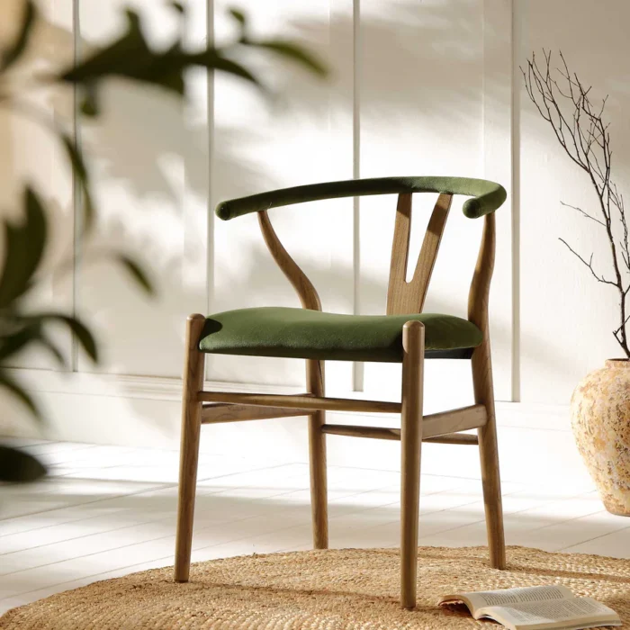 Furnshine - Marilyn Moss Green Velvet and Light Walnut Frame Wishbone Padded Dining Chair - Image 2
