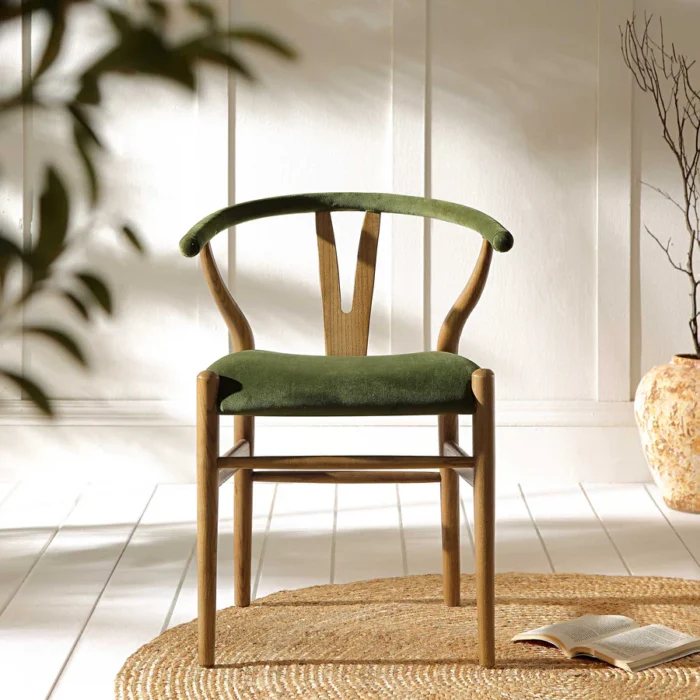 Furnshine - Marilyn Moss Green Velvet and Light Walnut Frame Wishbone Padded Dining Chair - Image 1