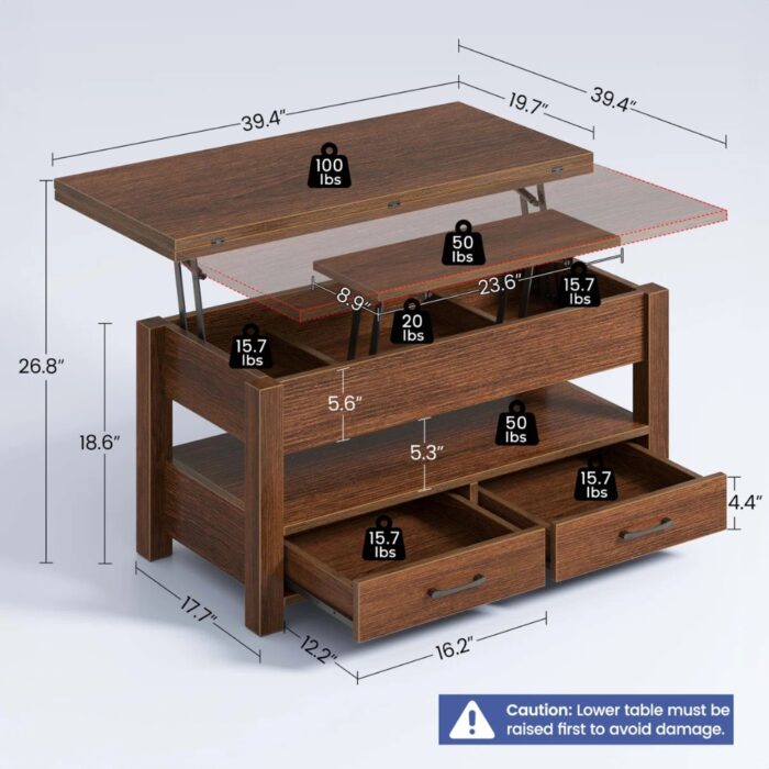 Furnshine - Yardley Lift Top Coffee Table with Storage Drawers & Hidden Compartment - Image 6