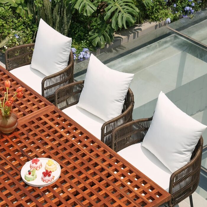 Furnshine 7-Pieces Teak Rectangle Hollow Bar Dining Table & Rope Chair Set - Image 2