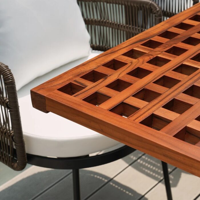 Furnshine 7-Pieces Teak Rectangle Hollow Bar Dining Table & Rope Chair Set - Image 3