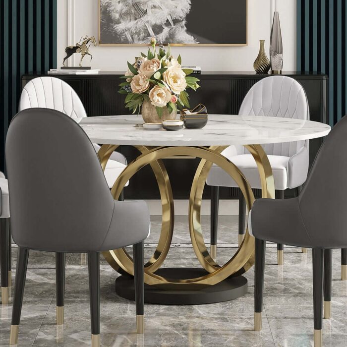 Furnshine Dining Room Sets 53" Sintered Stone Top Round Dining Table White&Gray 6 Chairs - Image 5