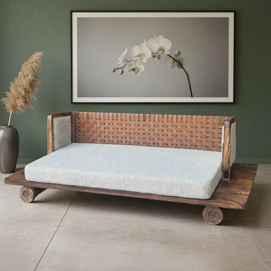 1 Furnshine - Jameson Reversible Sheesham Wood & Faux-Leather Weaved Backrest Swing (Jhula) with Upholstered Side Panels - Image 1