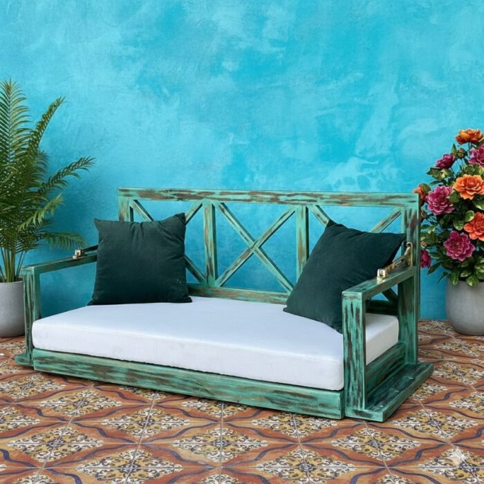 Furnshine - Lucetta Reversible Solid Sheesham Wood Rustic Green Swing (Jhula) - Image 1