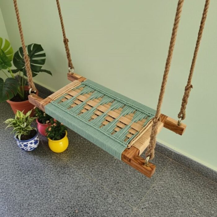 Furnshine - Cordell Single Seater Woven Swing (Green & Beige) - Image 1