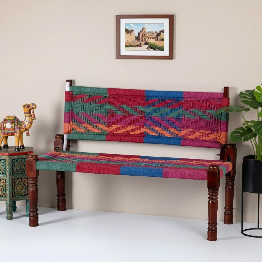 1 Furnshine - Blaze Solid Wood Handwoven Backrest Bench (Multicolor) - Image 1