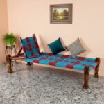 Furnshine - Locke Solid Sheesham Wood Handwoven Charpai with Backrest (Blue & Red)