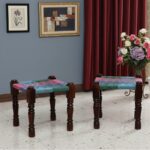 Furnshine - Morton Sheesham Wood Multicolor Woven Seating Stool Pidha (Set of 2)