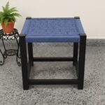 Furnshine - Clem Muted Blue Woven Stool with Dark Solid Wood Legs