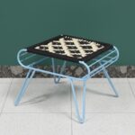 Furnshine - Carlisle Bold Black & Off-White Woven Stool with Light Blue Metal Legs