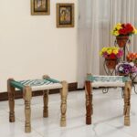 Furnshine - Bobbie Sheesham Wood Green & White Woven Stools Pidha (Set of 2)