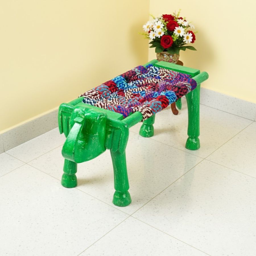 1 Furnshine - Benton Solid Wood Multicolor Woven Elephant Stool (Green Color) - Image 1