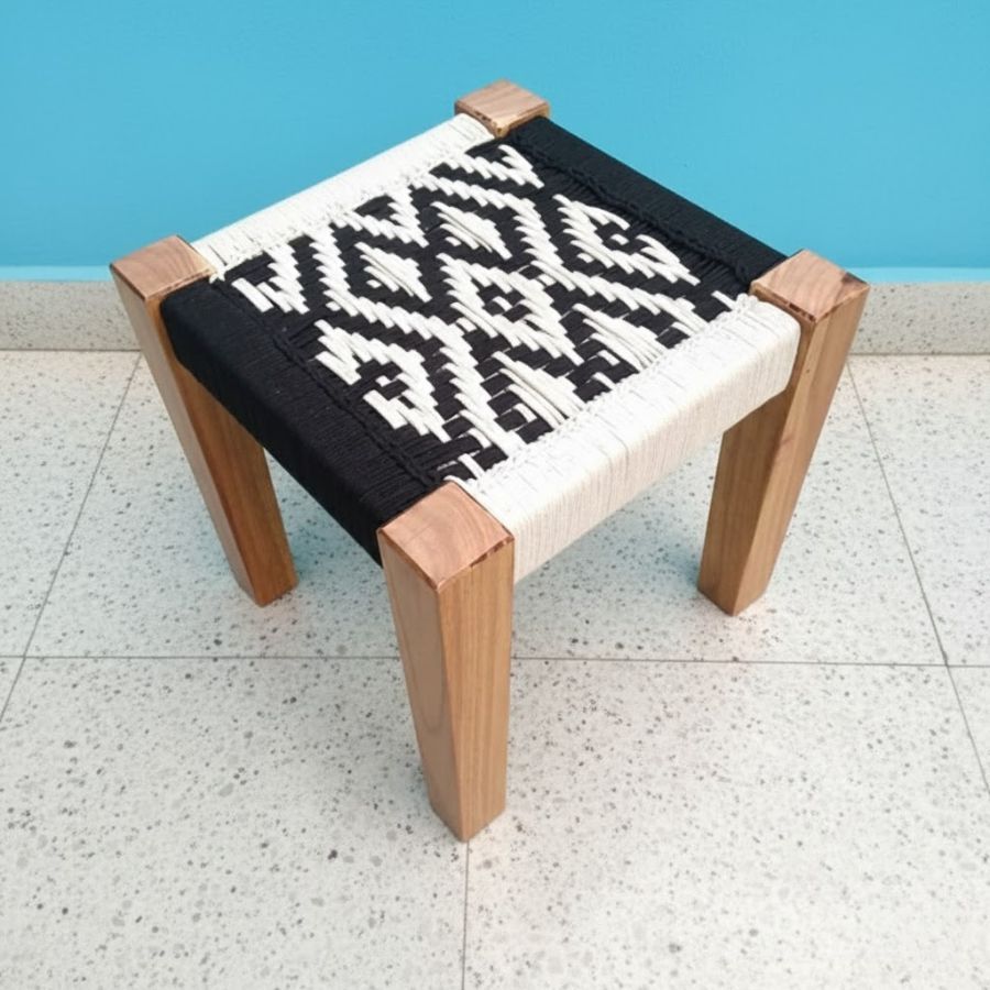 1 Furnshine - Chaucer Solid Sheesham Wood Black & White Handwoven Stool - Image 1
