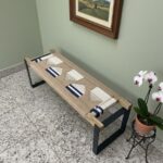 Furnshine - Karter Solid Wood Classic Two Seater Woven Bench with Black Metal Legs (Beige, White & Blue)