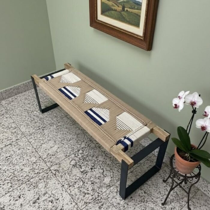 Furnshine - Karter Classic Two Seater Woven Bench with Metal Legs (Beige, White & Blue) - Image 1