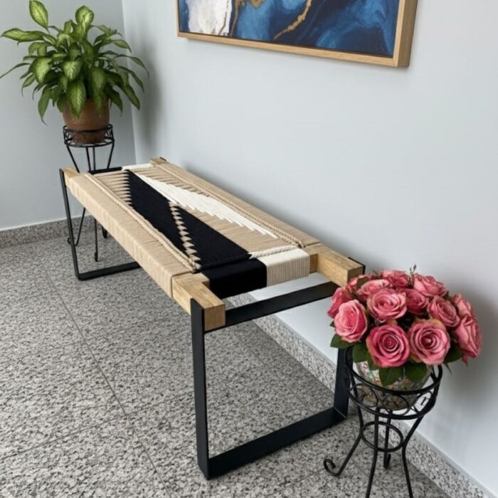 Furnshine - Welby Two Seater Woven Bench with Black Metal Legs (Black, Beige & White) - Image 3