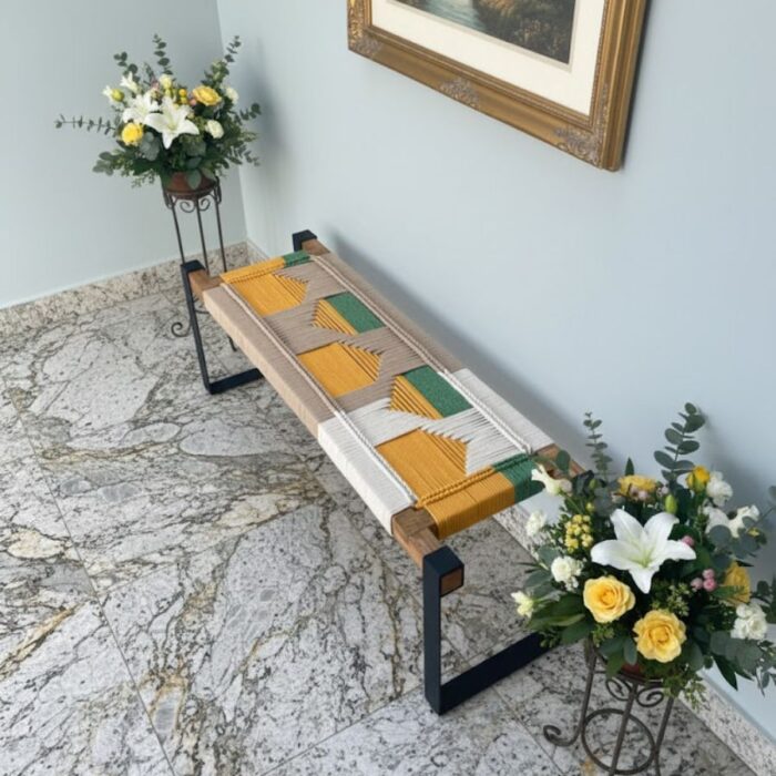 Furnshine - Karter Two Seater Hand Woven Bench with Metal Legs (Yellow, Green, White & Beige) - Image 1
