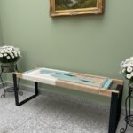 Furnshine - Quint Solid Wood Two Seater Woven Bench with Black Metal Legs (Beige, White & Teal Blue-Green)