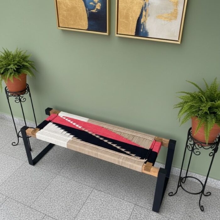 Furnshine - Lettice Two Seater Woven Bench with Metal Legs (Red, Black, Beige & White Color) - Image 1