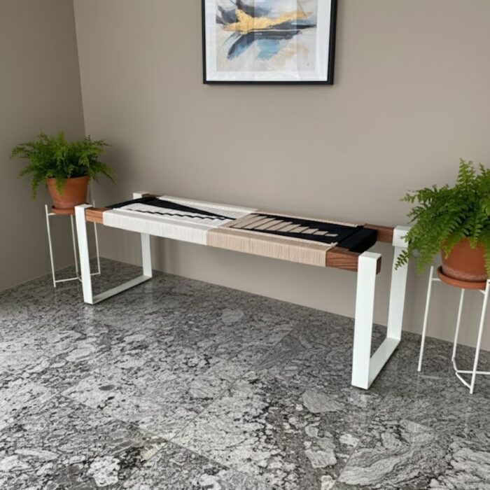 Furnshine - Eartha Hand Woven Bench with White Metal Legs (White, Black & Beige) - Image 1