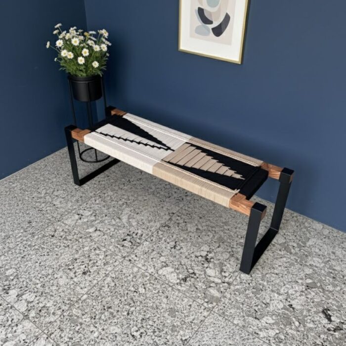 Furnshine - Aston Woven Bench with Black Metal Legs (Beige, White & Black) - Image 1