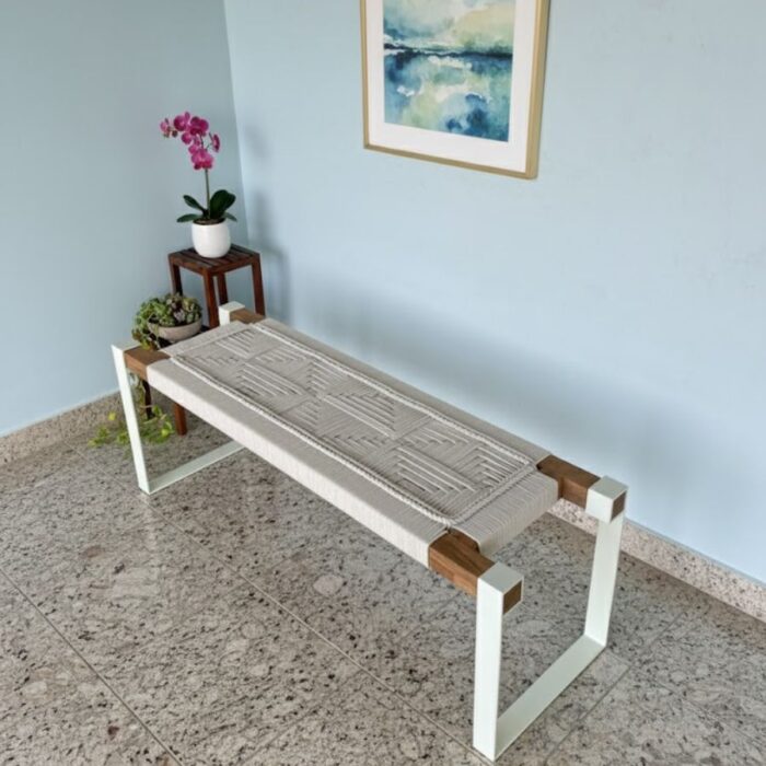 Furnshine - Bert Woven Bench with White Metal Legs (Natural White) - Image 1