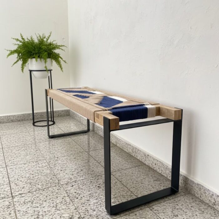 Furnshine - Mace Two Seater Woven Bench with Black Metal Legs (Beige, Blue & White) - Image 1