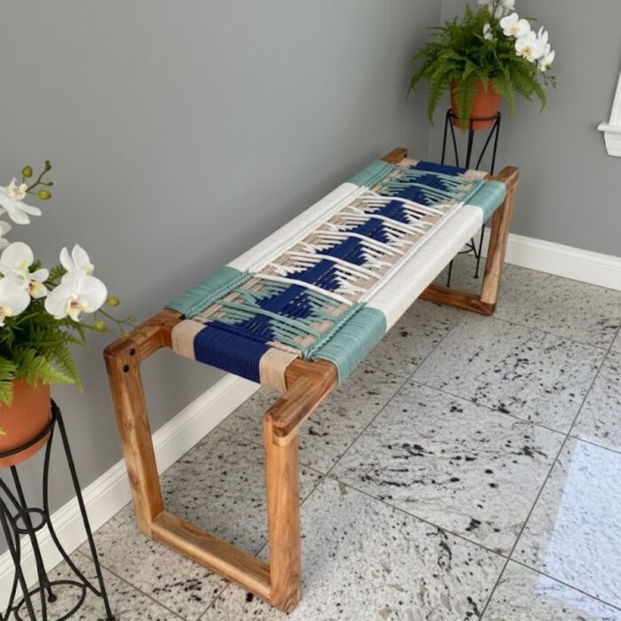 Furnshine - Eldred Boho Modern Woven Bench (Beige, Blue, White & Bottle Green) - Image 1