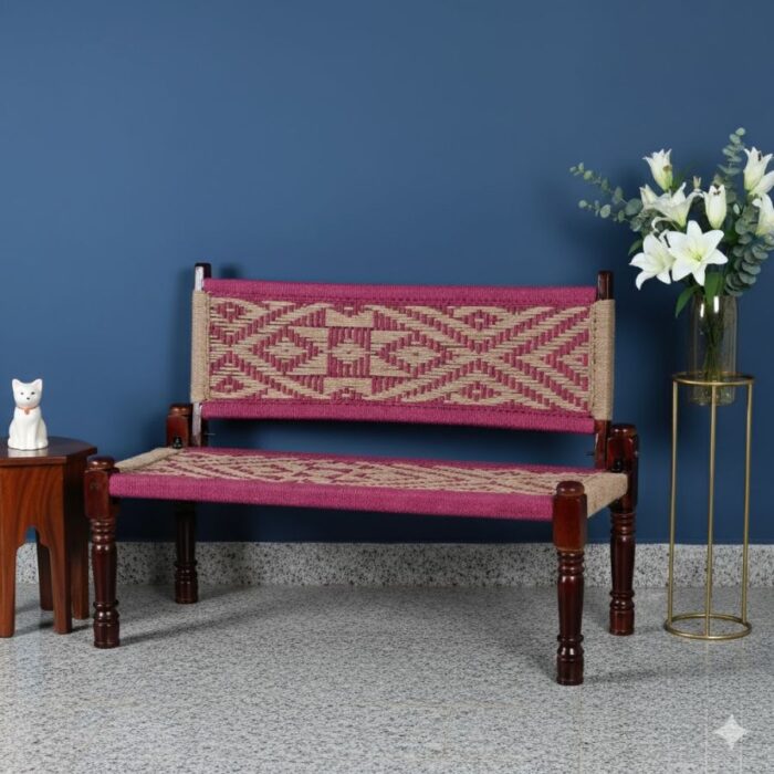 Furnshine - Seeley Sheesham Wood Woven Backrest Bench (Pink & Jute Beige) - Image 1