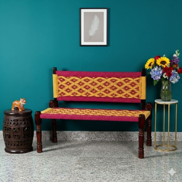 Furnshine - Swan Sheesham Wood Handwoven Backrest Bench (Pink & Yellow) - Image 1