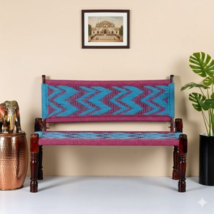 Furnshine - Taffeta Solid Wood Handwoven Backrest Bench (Blue & Pink) - Image 1