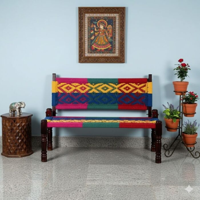 Furnshine - Edina Solid Wood Handwoven Backrest Bench (Multicolor) - Image 1