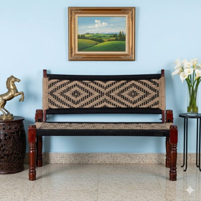 Furnshine - Maxfield Solid Wood Handwoven Backrest Bench (Black & Jute) - Image 1