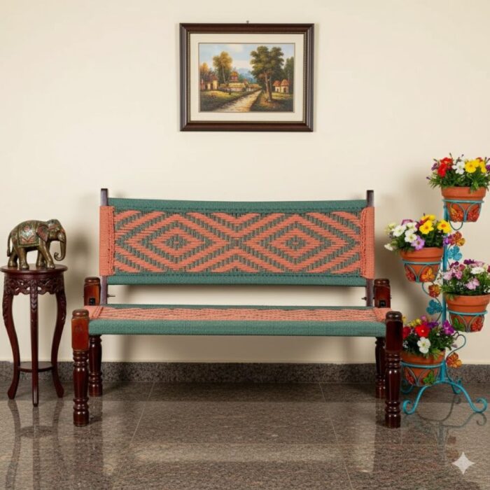 Furnshine - Prentice Solid Wood Handwoven Backrest Bench (Orange & Green) - Image 1