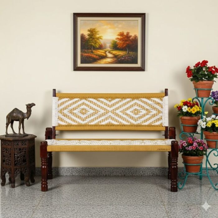 Furnshine - Stark Handwoven Backrest Bench (Yellow & White) - Image 1