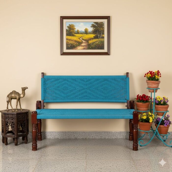 Furnshine - Parson Solid Wood Handwoven Backrest Bench (Blue) - Image 1