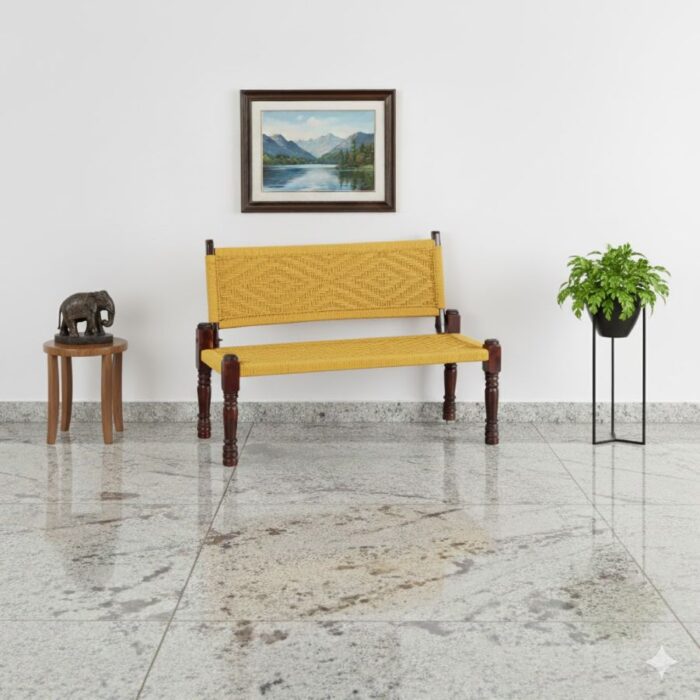 Furnshine - Laurie Solid Wood Handwoven Backrest Bench (Yellow) - Image 1