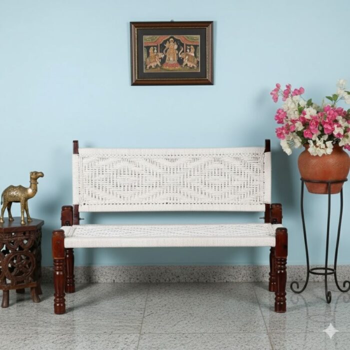 Furnshine - Sherwin Solid Wood Handwoven Backrest Bench (White) - Image 1