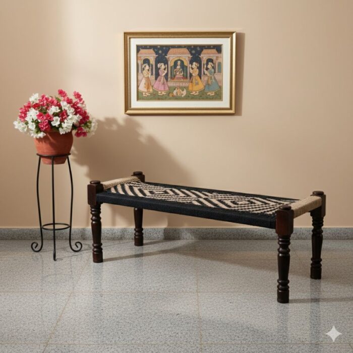 Furnshine - Duska Handwoven Sheesham Wood Bench (Black & Natural Jute) - Image 1